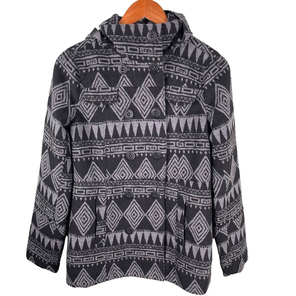 Hurley Pea Coat‎ Jacket Women Small Black Grey Tribal Print Removable Hood